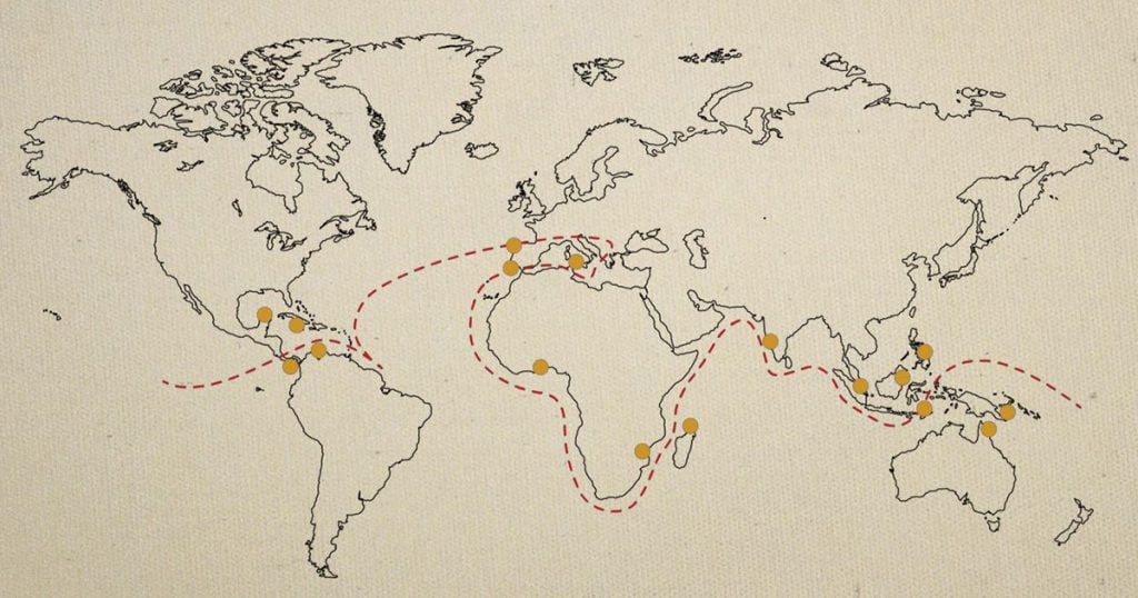 A map from Rump@blic showing historic rum trade routes